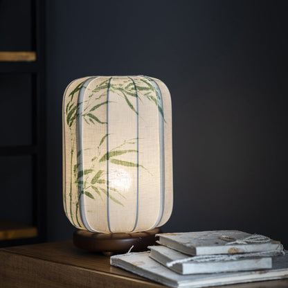 Traditional Chinese Wood Cotton Hemp Cylinder Bamboo Leaf 1-Light Table Lamp For Bedside