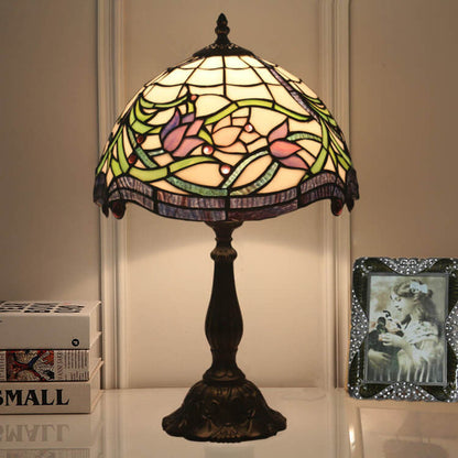 Vintage Tiffany Tulip Stained Glass Resin Dome 1-Light Table Lamp