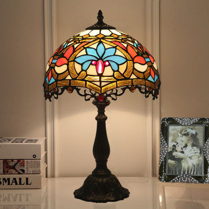 Traditional Tiffany Resin Zinc Alloy Glass Dome Bead 1-Light Table Lamp For Bedside