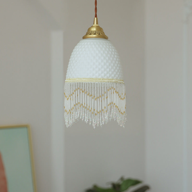 Traditional European Oval Tassel Glass Copper 1-Light Pendant Light For Bedroom