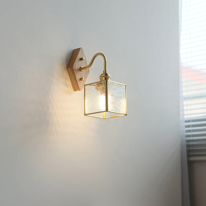 Traditional Vintage Square Copper Glass Wood 1-Light Wall Sconce Lamp For Bedroom