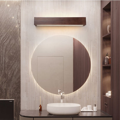 Traditional Chinese Striped Wood Cuboid LED Vanity Mirror Front Wall Sconce Lamp For Bathroom