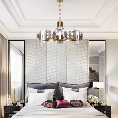 Modern Luxury Golden Finished Framed Curved Glass Panel 6/8-Light Chandelier For Dining Room