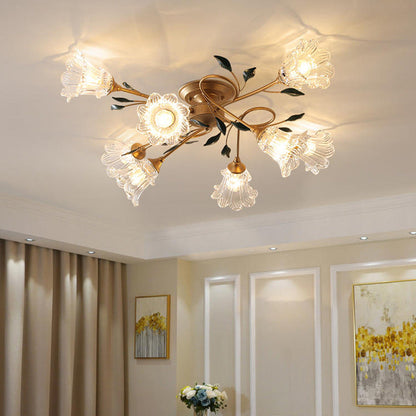 Traditional European Floral Iron Glass 6/8/10 Light Semi-Flush Mount Ceiling Light For Bedroom
