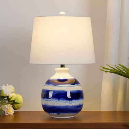 European Vintage White Cone Fabric Blue Ceramic 1-Light Table Lamp