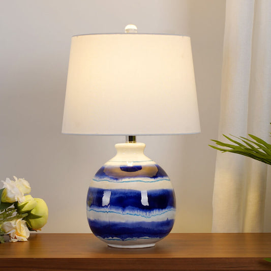 European Vintage White Cone Fabric Blue Ceramic 1-Light Table Lamp