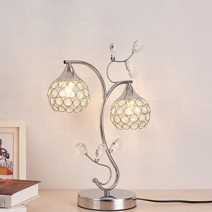Modern Art Deco Floral Branch Design Crystal Iron 2-Light Table Lamp For Bedroom
