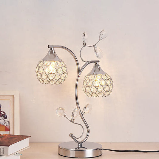 Modern Art Deco Floral Branch Design Crystal Iron 2-Light Table Lamp For Bedroom