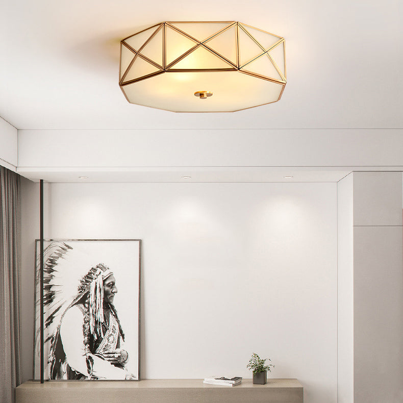Contemporary Retro Brass Glass Octagon Geometric Line 3/4/6 Light Flush Mount Ceiling Light For Living Room