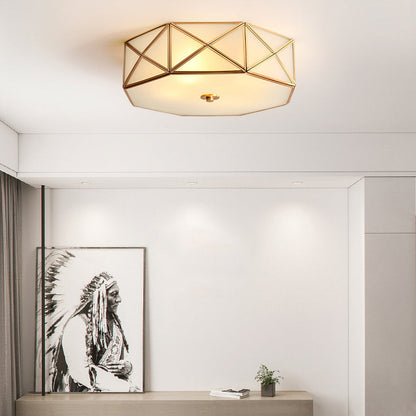 Contemporary Retro Brass Glass Octagon Geometric Line 3/4/6 Light Flush Mount Ceiling Light For Living Room