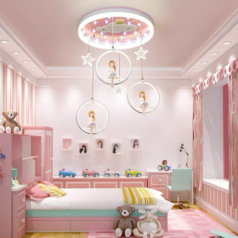 Modern Art Deco Round Astronaut Fairy Princess Acrylic Iron LED Flush Mount Ceiling Light For Bedroom