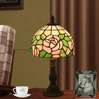 Traditional Tiffany Rose Flower Stained Glass Shade Zinc Alloy Base 1-Light Table Lamp For Study