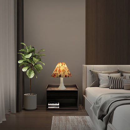 Modern Art Deco Pleated Printed Cylinder Iron Fabric 1-Light Table Lamp For Bedroom
