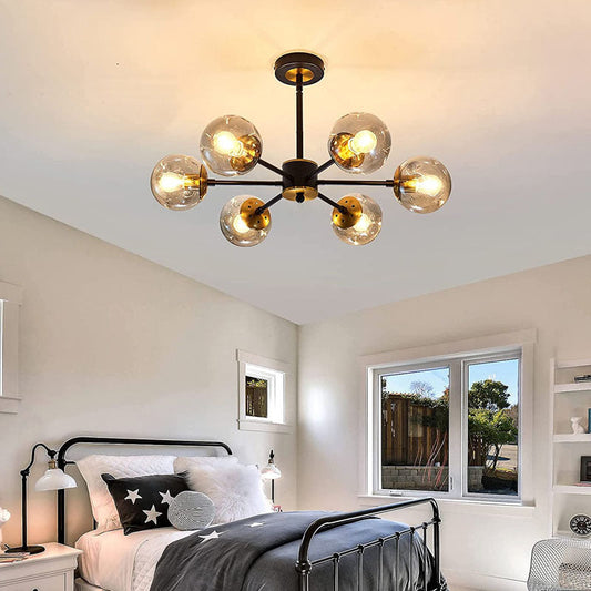 Contemporary Scandinavian Branch Iron Glass 6-Light Chandelier For Living Room