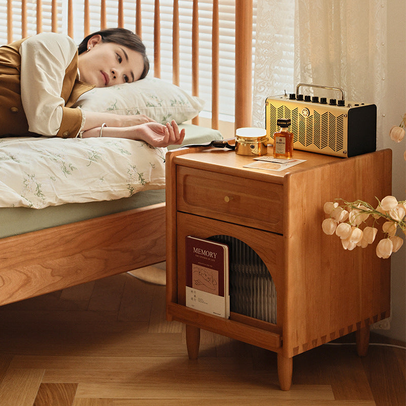 Contemporary Retro Solid Wood Cube Nightstand 1-Drawer Storage Cabinet For Bedroom
