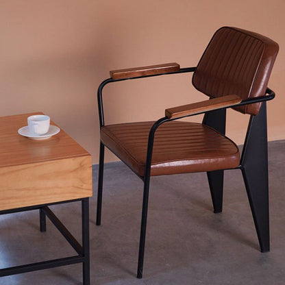 Contemporary Industrial Oil wax Leather Metal Sponge Wood Square Vertical Stripe Dining Chair Backrest Armrest For Dining Room