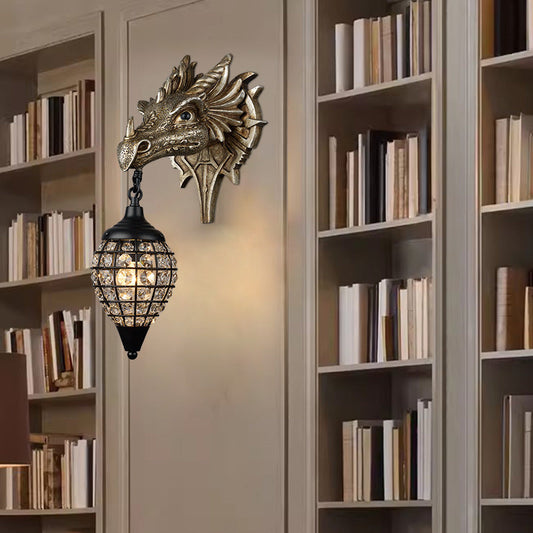 Traditional European Dragon Crystal Iron Resin 1-Light Wall Sconce Lamp For Living Room