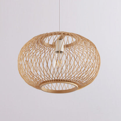 Traditional Japanese Weaving Bamboo Iron Ball Lantern 1-Light Pendant Light For Dining Room