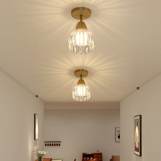 Japanese Vintage Wood Glass Cone Flower 1-Light Semi-Flush Mount Ceiling Light