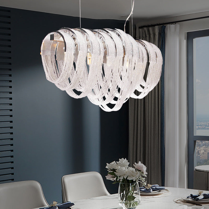 Contemporary Luxury Rectangular Fringe Crystal Stainless Steel 9/11/13 Light Island Light Chandelier For Dining Room