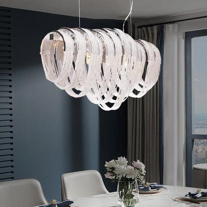 Contemporary Luxury Rectangular Fringe Crystal Stainless Steel 9/11/13 Light Island Light Chandelier For Dining Room