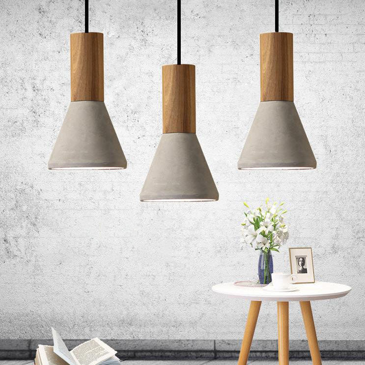 Contemporary Industrial Round Cone Triangle Cement Rubber Wood 1-Light Pendant Light For Living Room