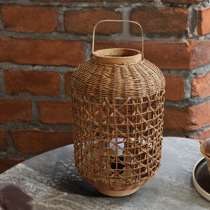 Traditional Vintage Cylinder Lantern Bamboo Rattan 1-Light Table Lamp For Living Room