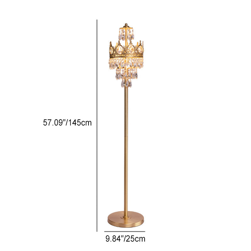 Traditional Luxury Copper Brass Crystal Crown Pendant 3-Light Standing Floor Lamp For Bedroom