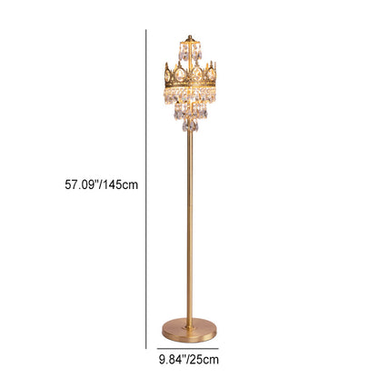 Traditional Luxury Copper Brass Crystal Crown Pendant 3-Light Standing Floor Lamp For Bedroom