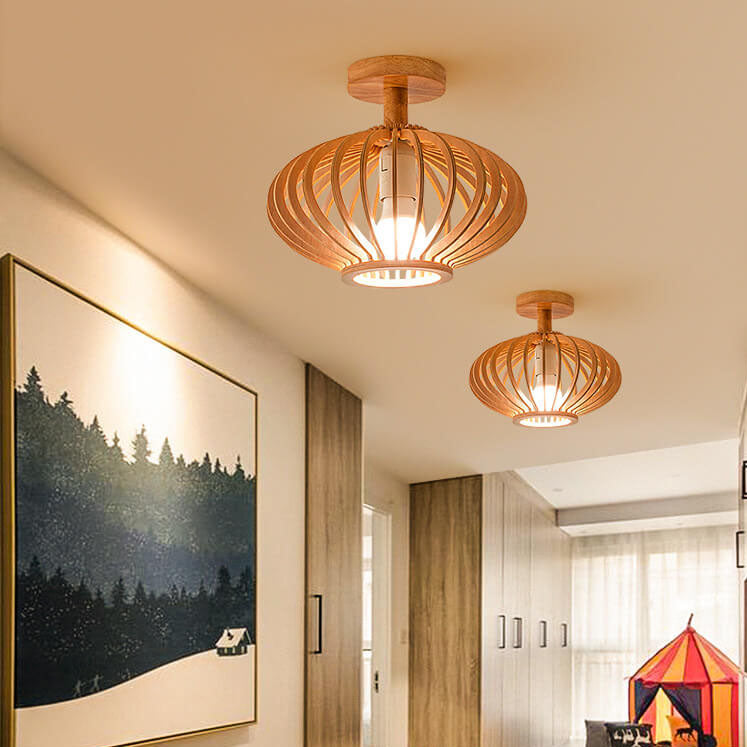 Nordic Wood Geometric Round 1-Light Semi-Flush Mount Ceiling Light