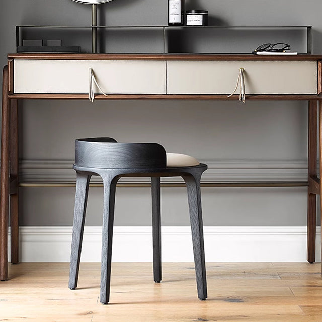 Traditional Vintage Round PU Leather Upholstered Wood Frame Vanity Stool Backless For Bedroom