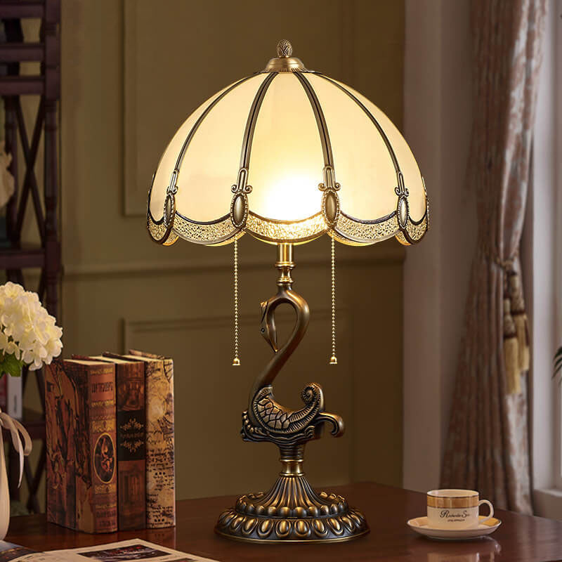 European Luxury Stained Glass Swan Base Copper 2-Light Table Lamp