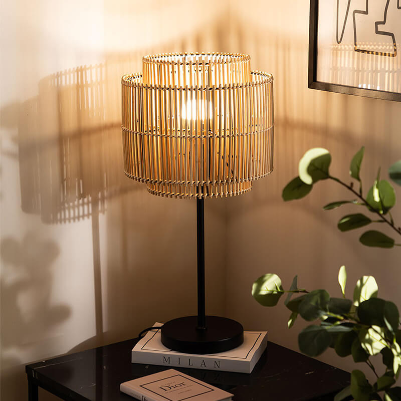 Traditional Vintage Rattan Weaving Cylinder 1-Light Table Lamp For Home Office