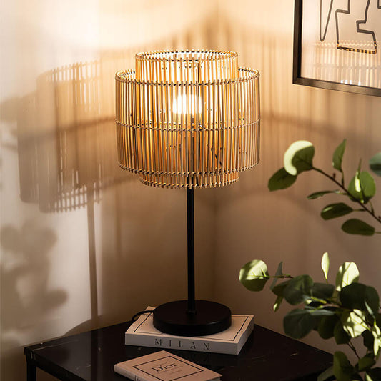 Traditional Vintage Rattan Weaving Cylinder 1-Light Table Lamp For Home Office