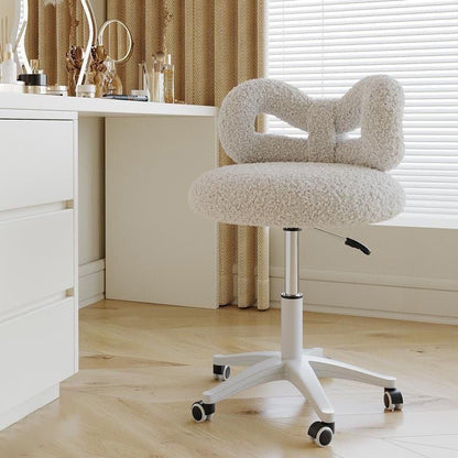 Modern Art Deco Butterfly Knot Round Lambswool Faux Leather Metal Vanity Stool Backrest Armless For Bedroom