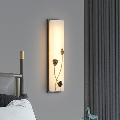 Traditional Chinese Copper Marble Cubic Bamboo Leaf Lotus Flower Ginkgo Biloba LED Wall Sconce Lamp For Bedside