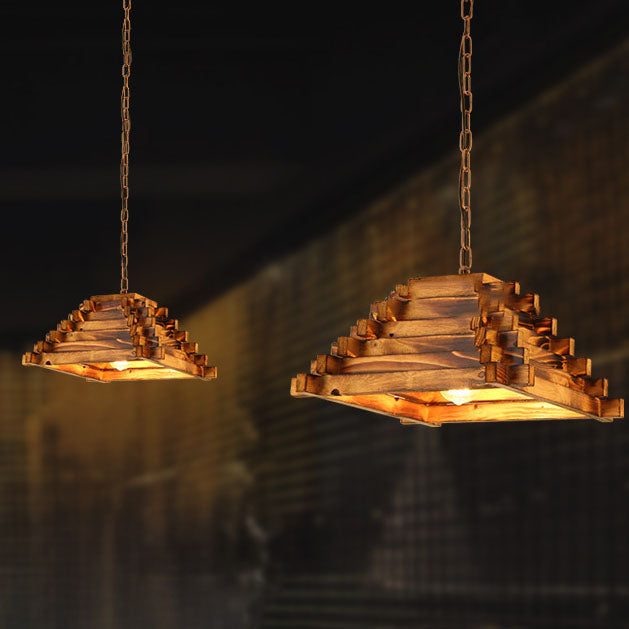 Traditional Rustic Wood Trapezoidal Shade Iron Chain 1-Light Pendant Light For Dining Room