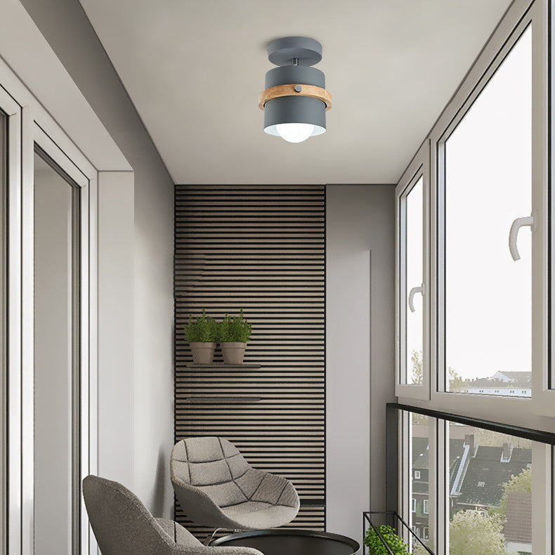 Contemporary Nordic Round Cylinder Iron Wood 1-Light Semi-Flush Mount Ceiling Light For Hallway