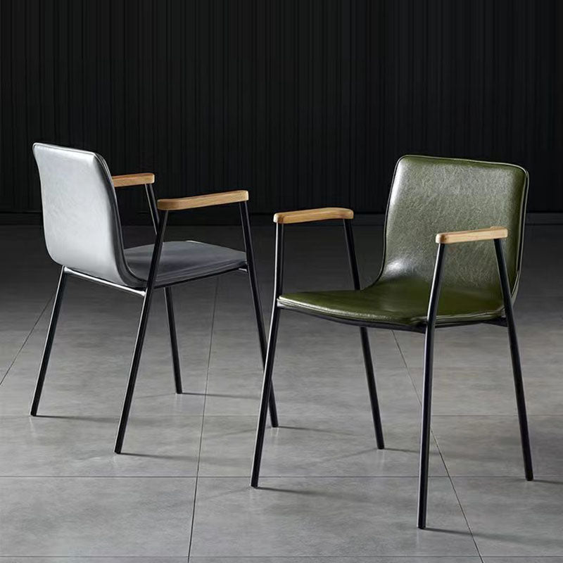 Contemporary Industrial Square Upholstered Faux Leather Wooden Dining Chair Backrest Armrest For Dining Room