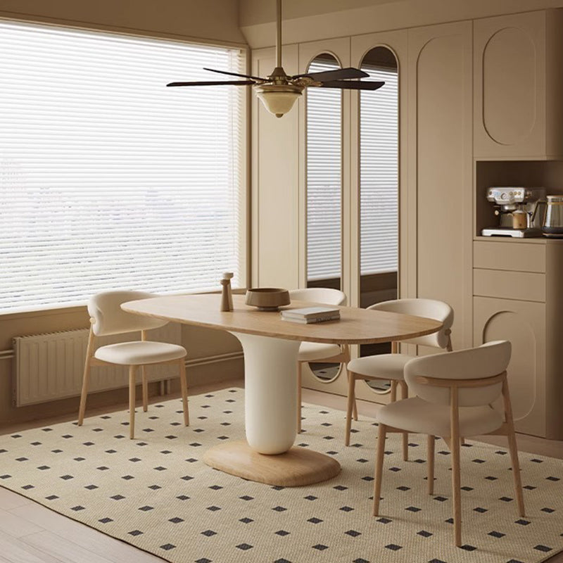 Traditional Japanese Elliptical Ash Wood Oaken Faux Leather Dining Table & Chair Set For 4/6 Seats