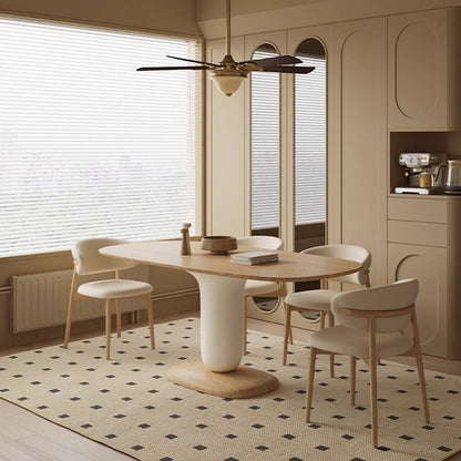 Traditional Japanese Elliptical Ash Wood Oaken Faux Leather Dining Table & Chair Set For 4/6 Seats