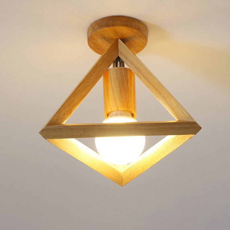 Japanese Minimalist Log Hollow Geometric Cube 1-Light Semi-Flush Mount Ceiling Light