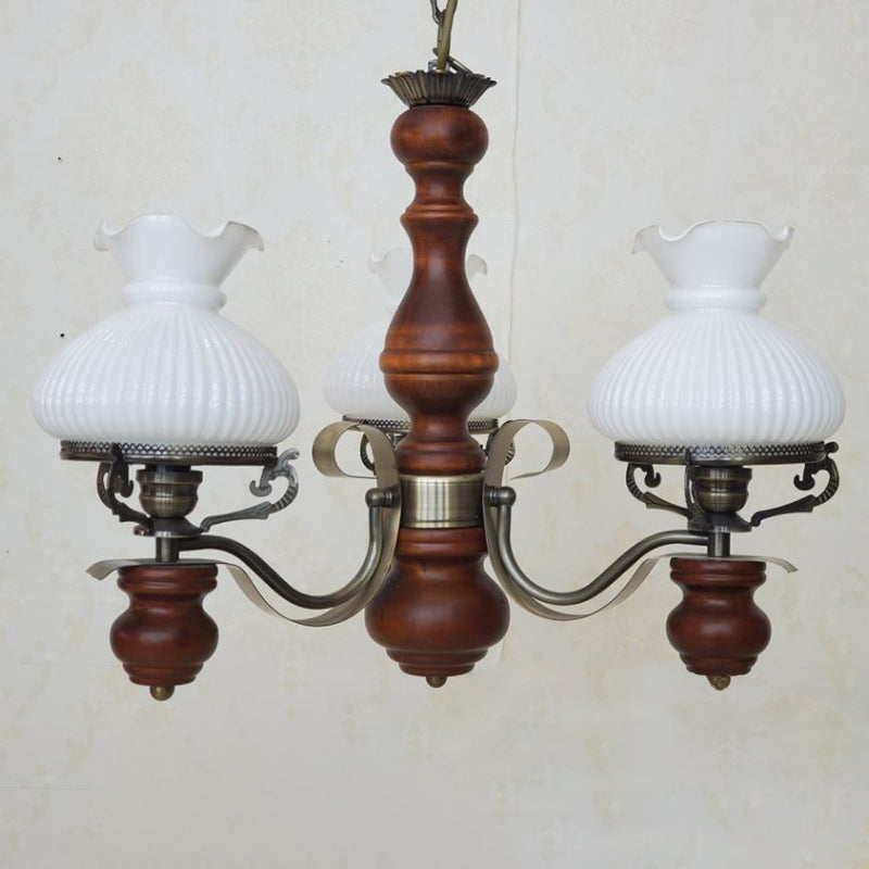 Traditional Rustic Candelabra Round Flower Iron Solid Wood 3-Light Chandelier For Living Room