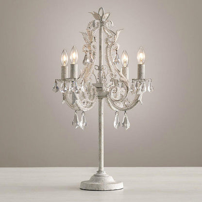 Contemporary Boho Distressed White Hardware Candelabra Design Crystal Bead 4-Light Table Lamp For Bedroom