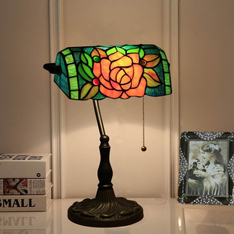 Tiffany Vintage Blooming Flowers Stained Glass 1-Light Bank Table Lamp