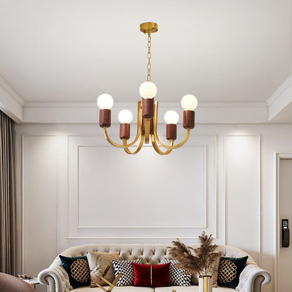 Contemporary Vintage Curved Rod Cylinder Candlestick Shape Copper Wood 3/4/5 Light Chandelier For Living Room