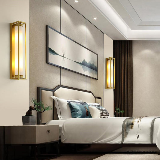 Traditional Chinese Iron Glass Rectangular Cylinder 2-Light Wall Sconce Lamp For Living Room