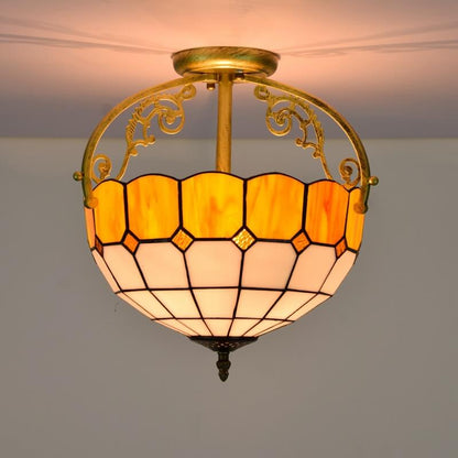 Tiffany European Mediterranean Yellow Glass Bowl 2-Light Semi-Flush Mount Ceiling Light