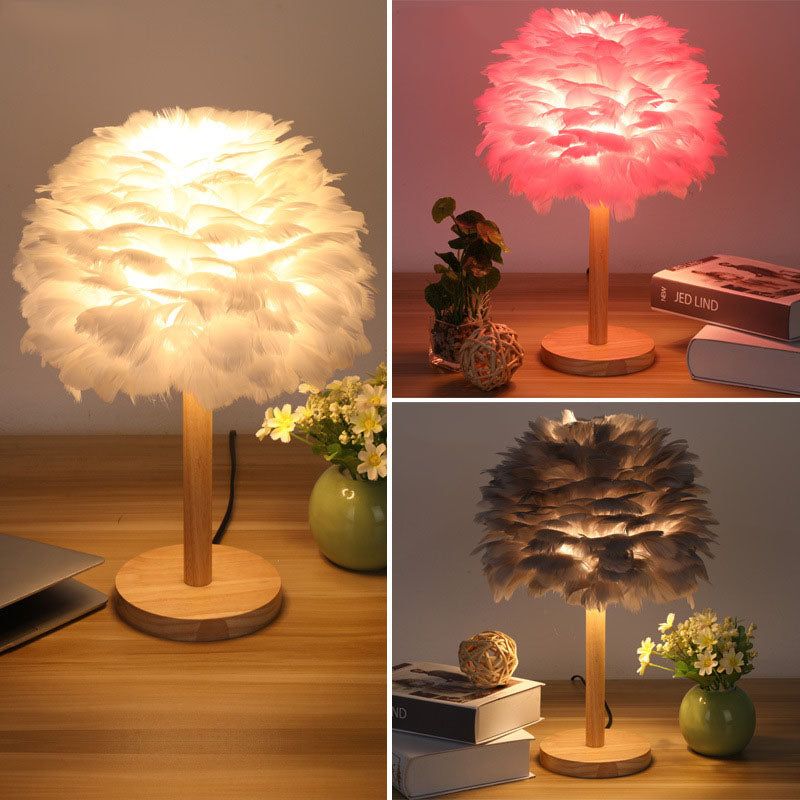 Modern Creative Feather Decorative Solid Wood 1-Light Table Lamp