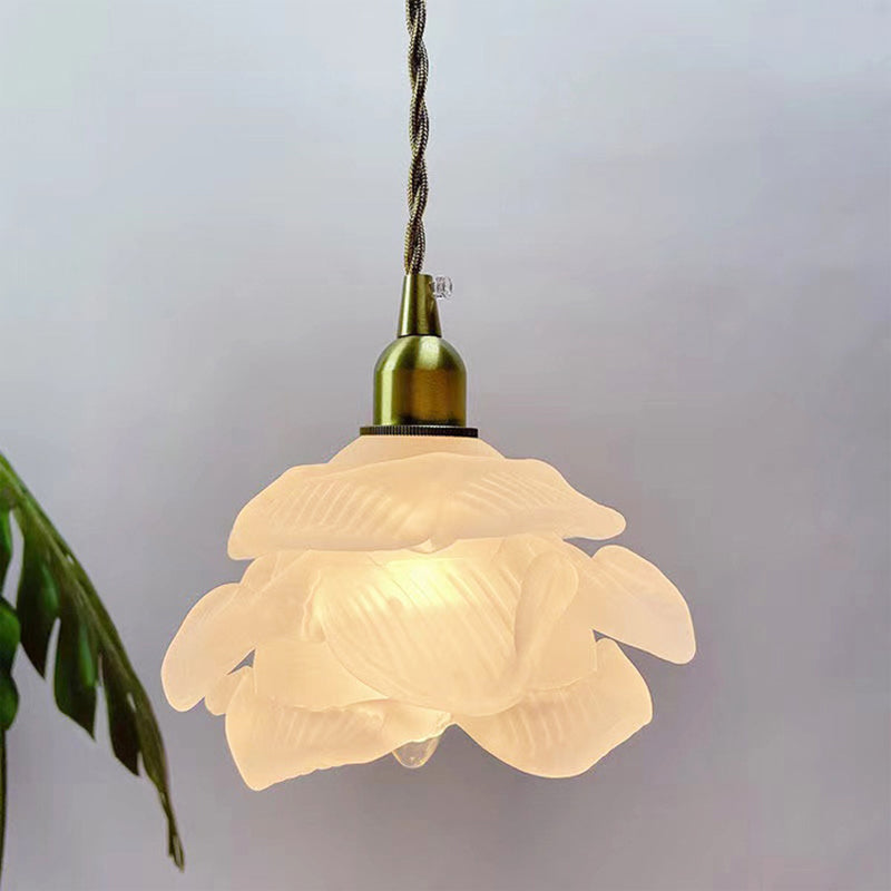 Modern Art Deco Brass Floral Glass Shade 1-Light Pendant Light For Bedroom